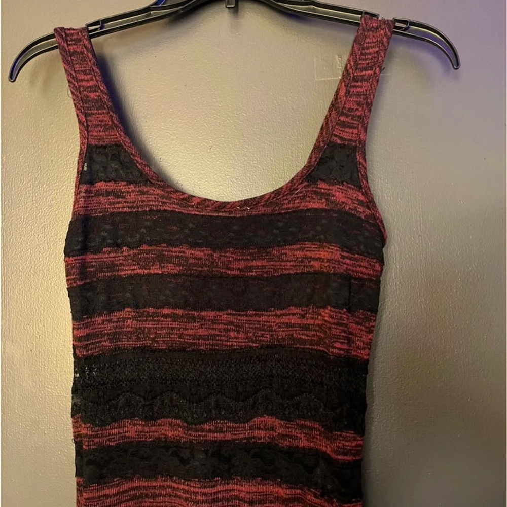 Red with black lace striped maxi dress tank style. LIKE NEW! Sz XS